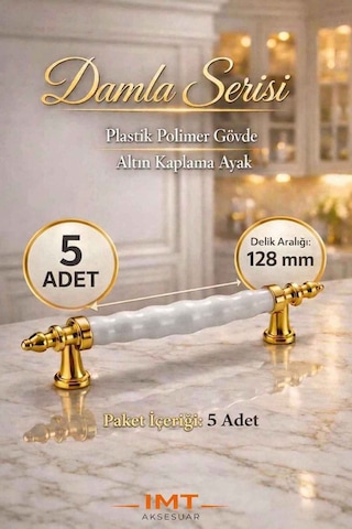 Damla Lüks Polimer Mobilya Kulpu 128 Mm Beyaz-altın 5 Adet Mutfak Dolabı Çekmece Vestiyer Kulpu Altın
