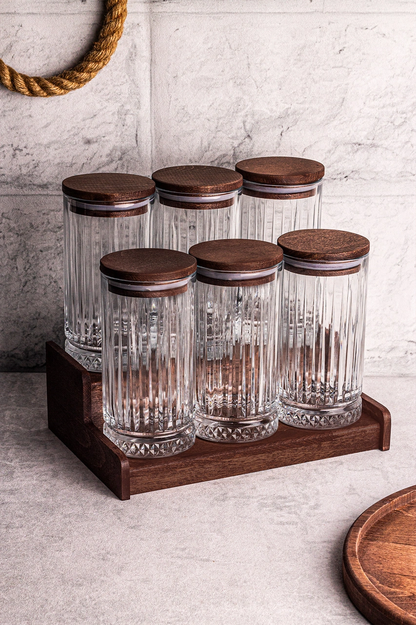 Mira 7 Parça Ahşap Vakumlu Kapaklı Standlı Cam Baharatlık Seti 450 Ml Çok Amaçlı Saklama Kabı Ahşap