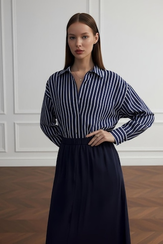 Pera Moda Oversize Çizgili Modal Gömlek Lacivert