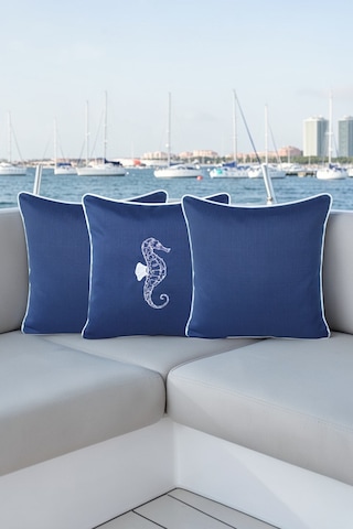 Kırlent Kılıfı 45x45 3'lü Set Marin Nakışlı Deniz Atı Desen Su İtici Outdoor Keten Tekne Bahçe Lacivert