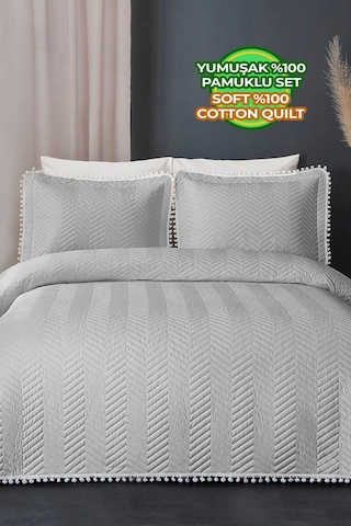 Evlen Home Ollie %100 Pamuk Yatak Örtüsü Pike Takımı Çift Kişilik Ponponlu Kapitone Günlük Gri