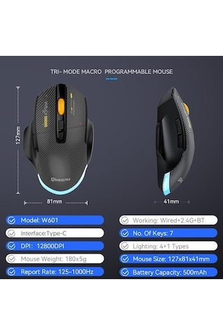 Mkespn W601 Sessiz Kablosuz Üç Modlu Makro Oyun Faresi Karbon Fiber 12800dpı Bluetooth Fare Beyaz Diğer