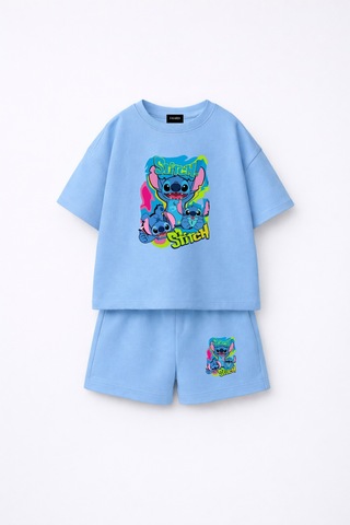 Fasardi Stitch Ön Arka Baskılı Oversize %100 Pamuk Tişört Şort Çocuk 2li Takım Mavi