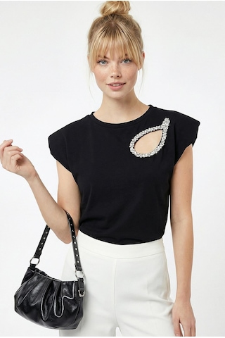 Shade Kadın Taş İşlemeli Vatkalı Omuz Detaylı Pamuk T-shirt 1075 60286066 - Siyah L