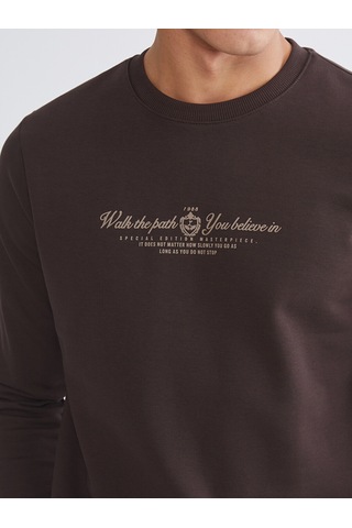 Lcwaıkıkı Classic Kahverengi Standart Kalıp Bisiklet Yaka Baskılı Erkek Kalın Sweatshirt
