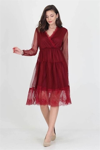 Dip Moda Kadın Kruvaze Yaka Eteği Güpürlü Elbise Dpnb0010 Bordo