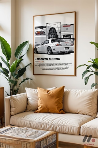 Honda S2000 Beyaz Jdm Poster, Ahşap Çerçeveli Duvar Tablosu - Oto Severlere Özel Hediye