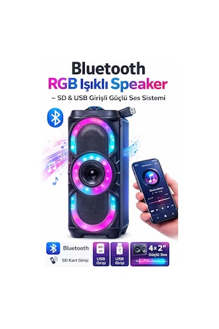 Pl-4525 Bluetooth Rgb Işıklı Speaker 4x2 Sd & Usb Girişli Güçlü Ses Sistemi