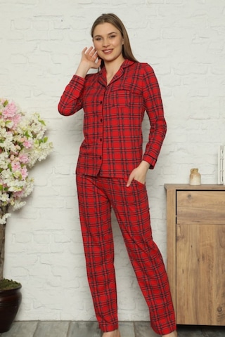 Farya Home Dreamy Ekoseli Pamuklu Biyeli Uzun Kollu Gömlek Pijama Takımı Kırmızı Ekose Kırmızı