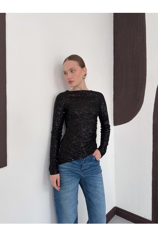Verymoda Parlak Payetli Uzun Kollu Bluz - F2060 Siyah