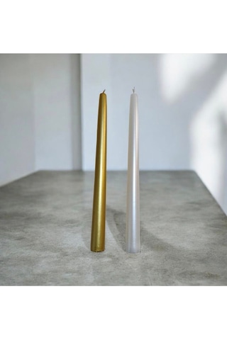 Denic 2 li Metalik Gold ve İnci Beyaz Şamdan Mum Konik Mum