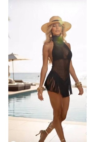 Veraura Lifestyle Kadın Balıkçı Yaka Saçak Detay Pareo Siyah
