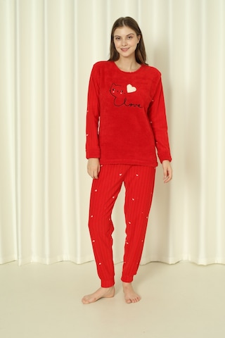 Wordex Fawn 04-3309 Peluş Welsoft Polar Kışlık Yumoş Kalpli Kedili Kadın Pijama Takımı Kırmızı