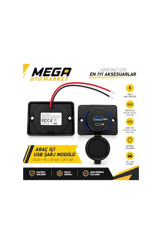 Mega Oto Market Usb 3.0 Ve Type-c Pd Hızlı Araç Şarj Soketi Koruma Kapaklı Panel Tipi Çakmaklık Güç Adaptörü 1 Adet
