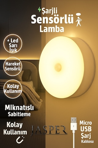 Jasper Jpr-010 Hareket Sensörlü Sarı Led Lamba Mıknatıslı & Şarjlı, Kablosuz Aydınlatma Beyaz
