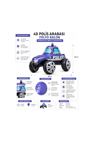 4d Polis Arabası Folyo Balon 68x58 Cm Polis Temalı Doğum Günü Parti Süsü Dekorasyon Çok Renkli