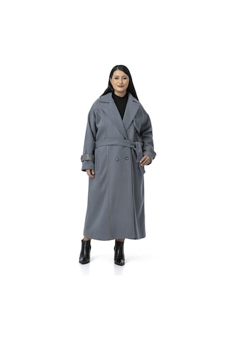 Büyük Beden Deri Biye Detaylı Fleto Cepli Kuşaklı Astarlı Kaşe Uzun Mavi Kaban Mavi