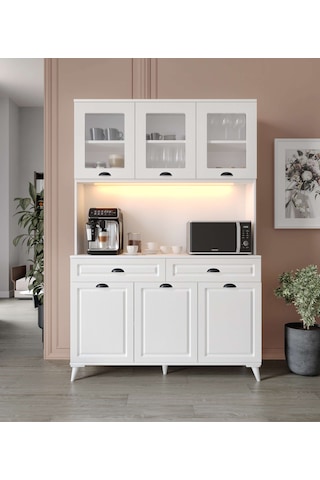 Guneystore Luna Kahve Köşesi - Mdf - 140 Cm - Ayaklı -beyaz Mutfak Dolabı - Led Aydınlatmalı Beyaz