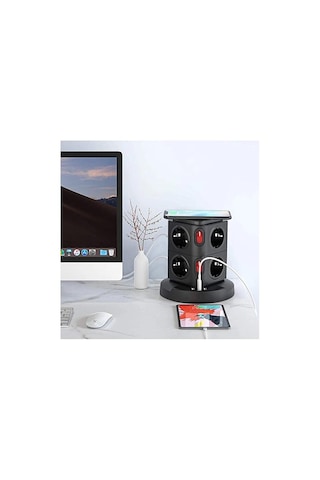 Masaüstü Kablo Toplayıcı 8 Li Priz 3 Usb Kablosuz Şarjlı 2 Metre Kablolu Kule Tipi Çoklu Priz 1 - 3 M