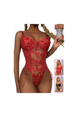 New Dreams Nakış Detaylı Ipli Fantezi Gecelik Body 8423 Kırmızı