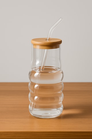 Bambu Kapaklı Motivasyon Cam Bardak / Suluk, 900 Ml, Pipet Hediyeli Şeffaf