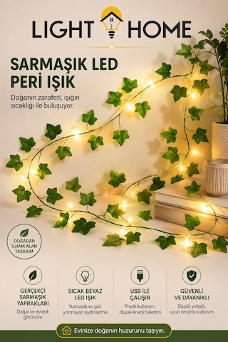 3 Metre 30 Led Li Yapay Sarmaşık Peri Işık Balkon, Bahçe, Oda Ve Duvar Dekoru Sarı