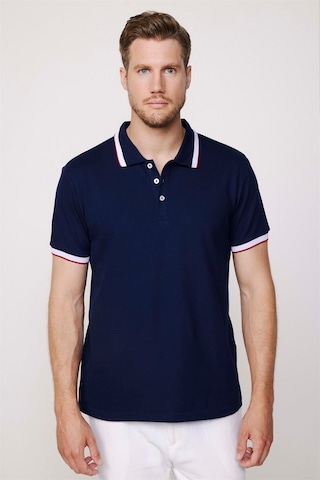Tudors Erkek Slim Fit Dar Kesim %100 Pamuk Düz Pike Kol Şeritli Lacivert Polo Yaka Tişört-27689