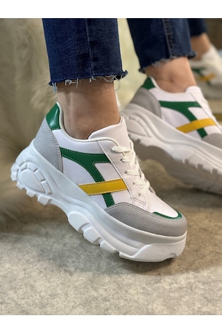 Günlük Kadın Sneaker Kalın Yüksek Taban Bağcıklı Rahat Tiger Şeritli Spor Ayakkabı 032 09-taş Yeşil Sarı