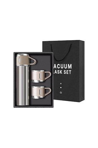 Kişiselleştirilebilir 3 Bardaklı Çelik Termos 05 Lt Crom Gümüş