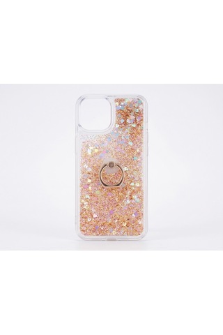 Flody Apple Uyumlu iPhone 15 Kılıf Sulu Simli Akışkan Silikon Yüzüklü Gold