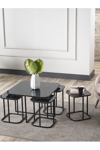 Pelikan 4+1 Siyah Aynalı Temperli Cam Siyah Metal Ayak Takım Sehpa Sedaş Living Units Sehpa