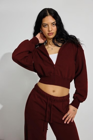 Bordo Crop Kapşonlu Fermuarlı Kadın Sweatshirt Mg2608 Bordo