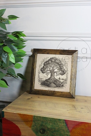 Artavessa Masif Ahşap Çerçeveli Taş Tablo Pano 16 x 16 cm - Ağaç Model 1