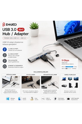 Enkado Ekd-uh60 Usb 3.0 Çoğaltıcı - 4in1 Anahtarlı Hub Adaptör, Usb 3.0 Ve Usb 2.0