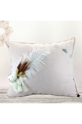Süslebabypartystore Kuru Çiçek Tanzimli, Ayıcıklı, Takı Yastığı, Pudra Renk Pudra