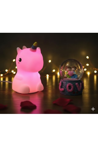 2 Li Sevgiliye Romantik Hediye Seti Unicorn Çok Renkli Led Gece Lambası Ve 9 Cm Love Kar Küresi Seti Set
