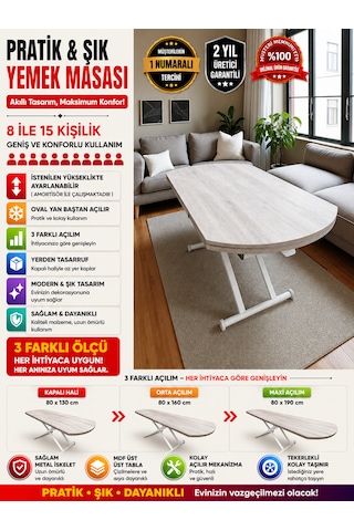 Oval Yan Baştan Açılır Akıllı Masa Üst Tabla Mdf Yüksekliği Ayarlanabilir Pratik Lizbon
