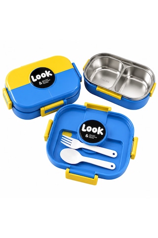 Muzeko Lunch Box Mavi Sarı 2 Bölmeli Paslanmaz Çelik Yemek Kabı Sızdırmaz Kapaklı, Taşınabilir Beslenme Kabı Çatak Kaşık Hediyeli 6204 Mavi 1000ml Açık Mavi - Sarı