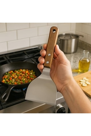 Ahşap Saplı Paslanmaz Çelik Spatula 24cm Eğilimli Çok Amaçlı Mutfak Spatulası Izgara, Burger, Sebze, Temizlik İçin Profesyonel Metal Spatula 0