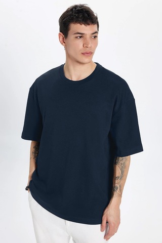 Tudors Unisex Oversize Geniş Kesim Pamuk Yumuşak Dokulu Basic Bisiklet Yaka Lacivert Tişört-30844 2XL