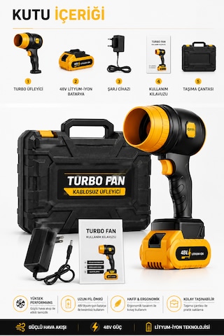 48v Şarjlı Turbo Hava Üfleyici Fan Kablosuz Güç Maksimum Performans Güçlü Yaprak Üfleme & Araç Temizleme
