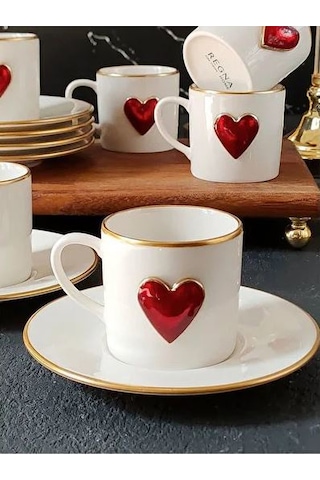 Regna Home Fine Living Love 2 Kişilik Dekorlu Kahve Yanı Su Bardaklı Kadehli 6 Parça Kahve Fincan Takımı Beyaz