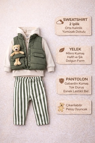 Harika Kids Erkek Bebek 3 Lü Takım 9-24 Ay Şişme Yelek %100 Pamuk Sweatshirt Gabardin Pantolon Yeşil