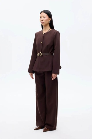 Quzu Kemer Aksesuarlı Yuvarlak Yaka Kahverengi Kadın Ceket Ckt00922 Kahverengi