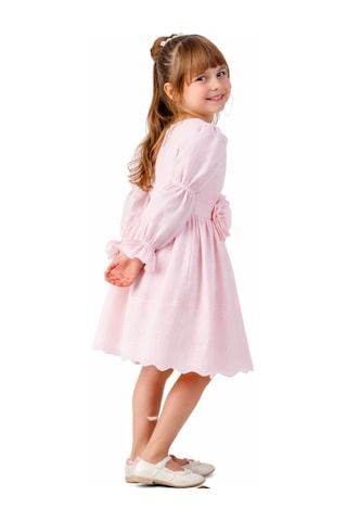 İrem Çocuk Giyim Kız Çocuk Çiçek Detaylı Balon Kol Model Etek Uçları Güpür Detaylı Astarlı Pembe Renk Midi Boy Elbise Pembe