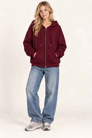 Cool Tarz Unisex Oversize Fermuarlı Kapüşonlu Sweatshirt 3 İplik Şardonlu Bordo Bordo