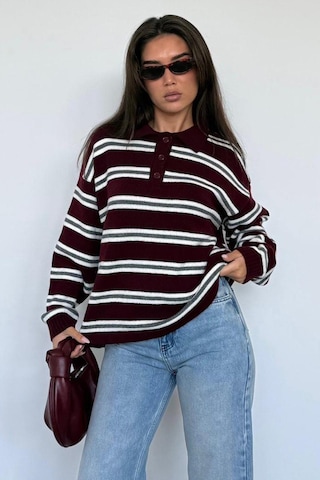 Madmext Bordo Polo Yaka Çizgili Kadın Triko Kazak Mg2469 Bordo