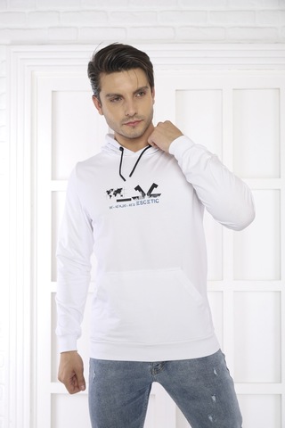 Escetic Spor Erkek Beyaz Cepli, Kapüşonlu Sweatshirt-4178