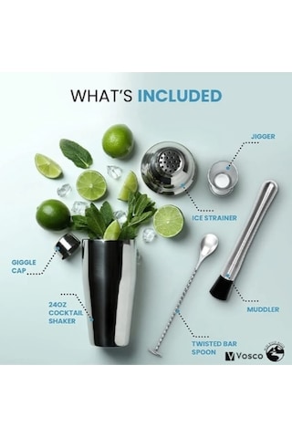 Fastbuy Kokteyl Shaker Seti 7 Parça, Modern Tasarım, Metal Renk, Bar İçin Kullanılır, Şık Ve Pratik