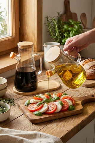 Makri Home 2'li 900 Ml Bambu Kapaklı Ve Altlıklı Borosilikat Cam Yağdanlık, Isıya Dayanıklı, Yağ/sirke/sosluk Sarı